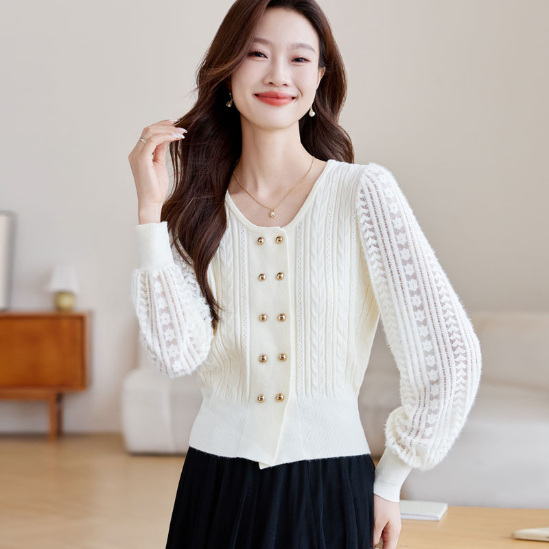 Tender wool autumn tops splice round neck sweater for women