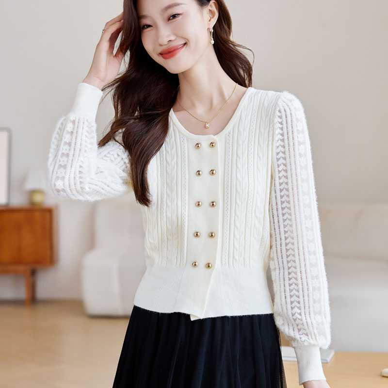 Tender wool autumn tops splice round neck sweater for women