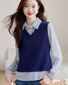 Pullover V-neck Pseudo-two shirt autumn stripe splice tops