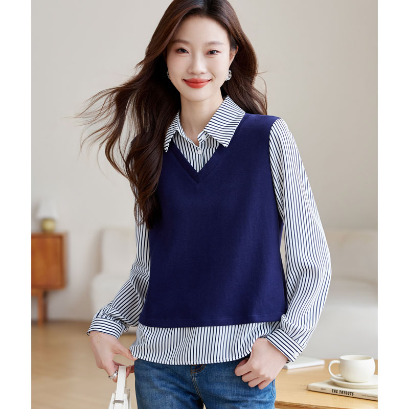 Pullover V-neck Pseudo-two shirt autumn stripe splice tops