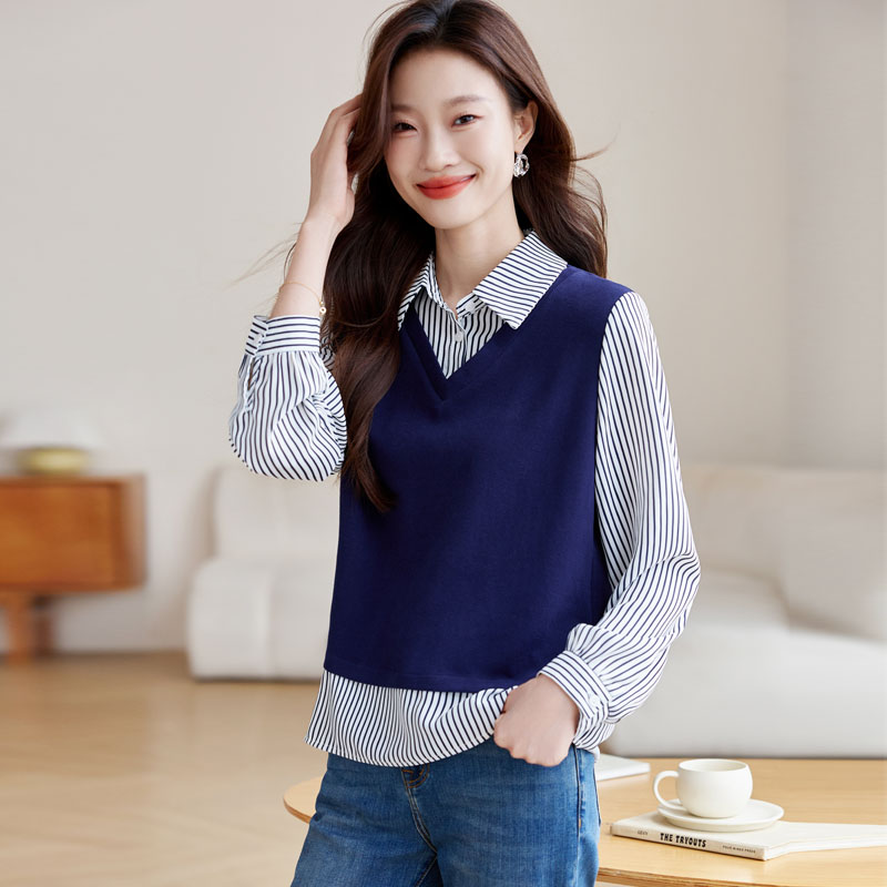 Pullover V-neck Pseudo-two shirt autumn stripe splice tops