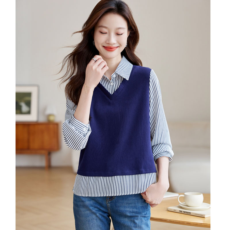 Pullover V-neck Pseudo-two shirt autumn stripe splice tops