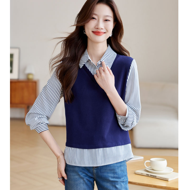 Pullover V-neck Pseudo-two shirt autumn stripe splice tops