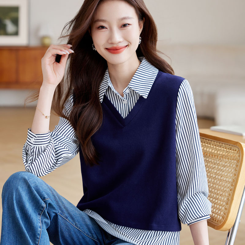 Pullover V-neck Pseudo-two shirt autumn stripe splice tops