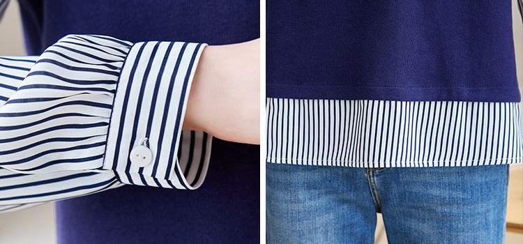 Pullover V-neck Pseudo-two shirt autumn stripe splice tops