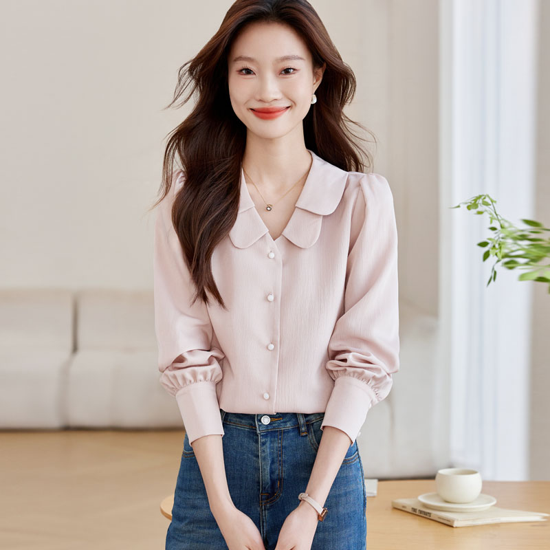 Satin niche doll collar tops sweet autumn France style shirt