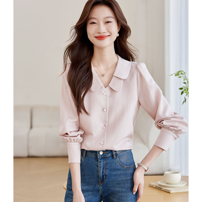 Satin niche doll collar tops sweet autumn France style shirt