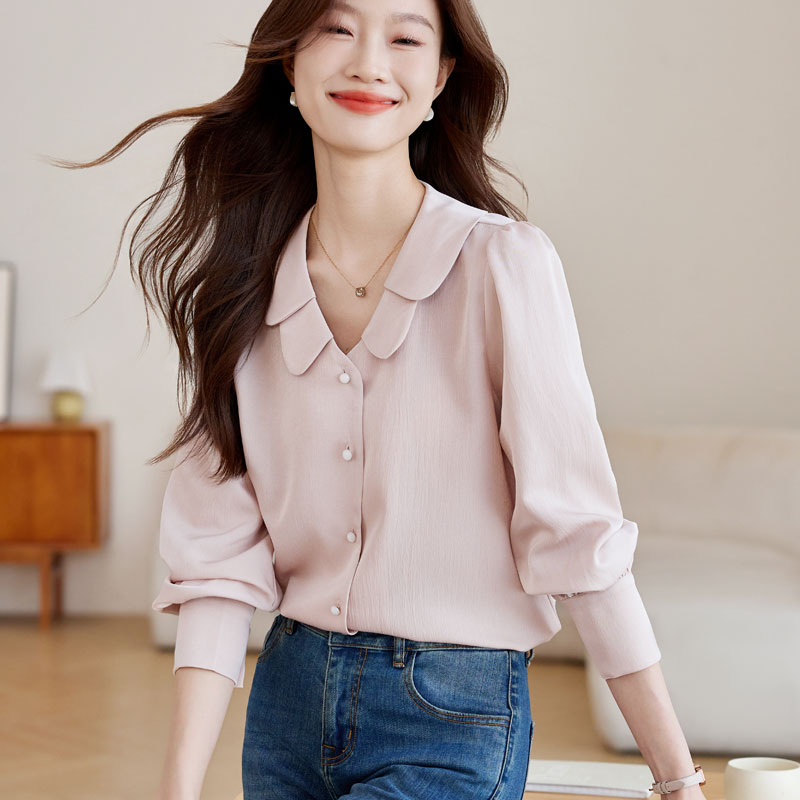 Satin niche doll collar tops sweet autumn France style shirt