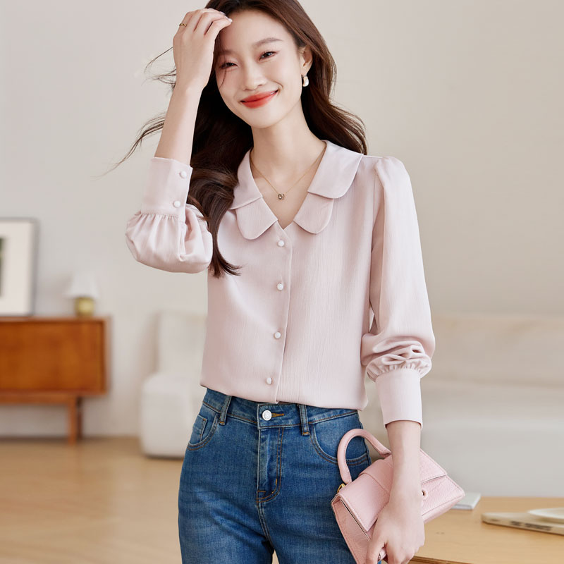 Satin niche doll collar tops sweet autumn France style shirt