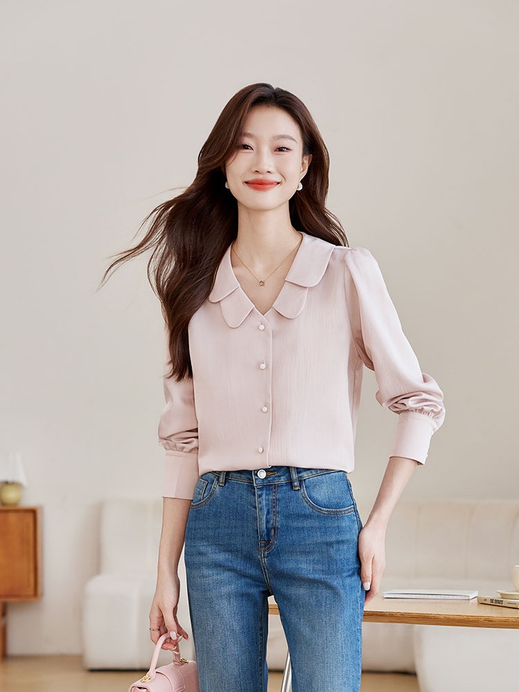 Satin niche doll collar tops sweet autumn France style shirt