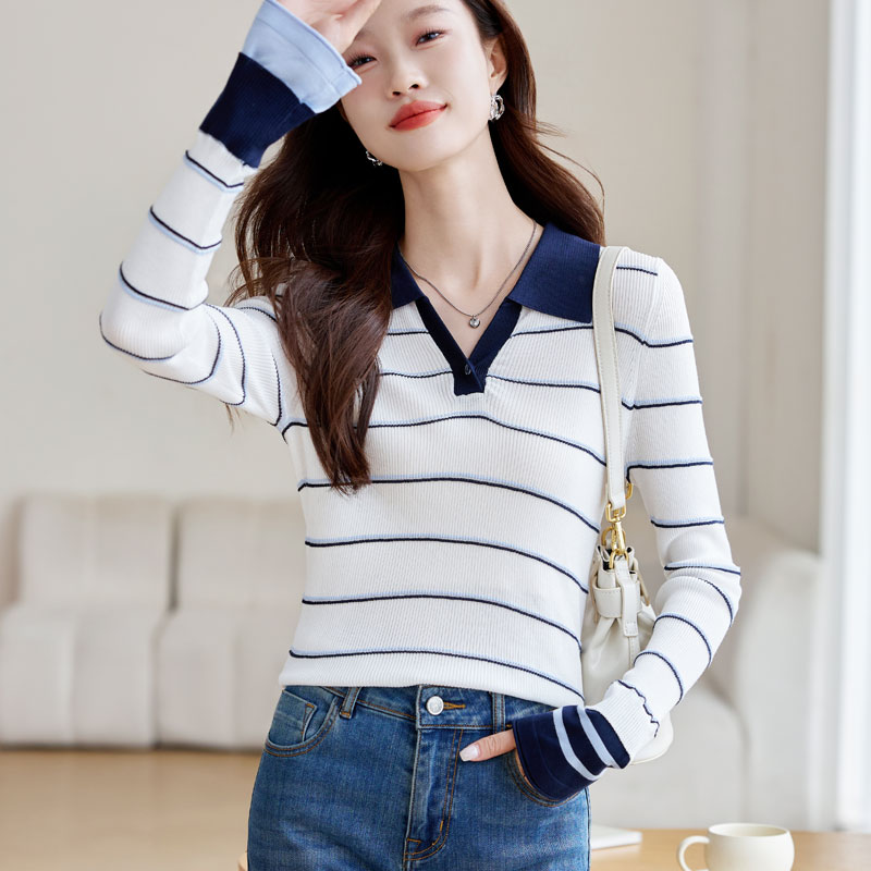 Knitted autumn fashion tops slim stripe sweater