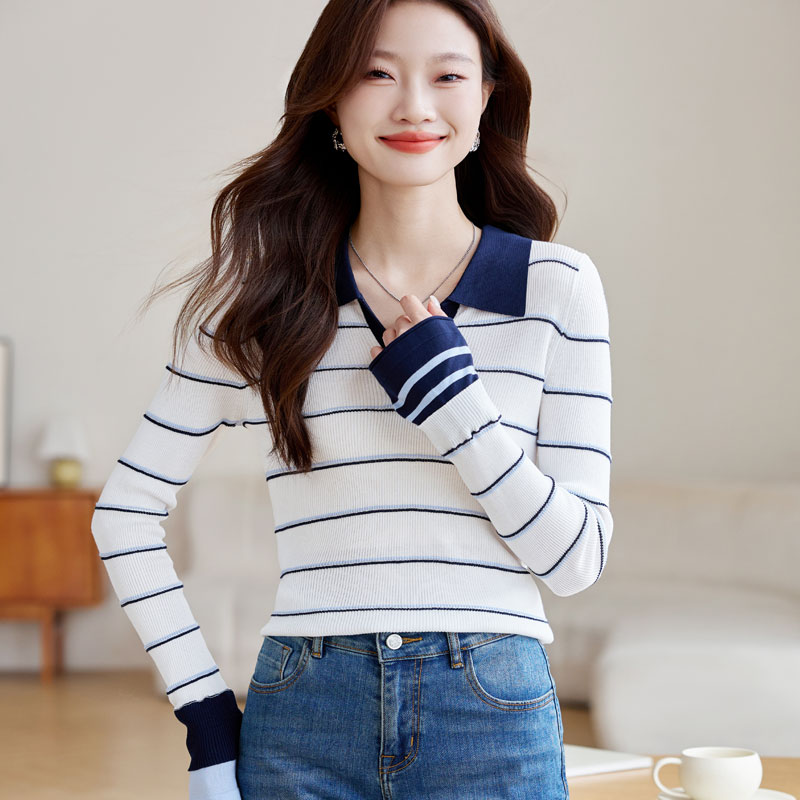 Knitted autumn fashion tops slim stripe sweater