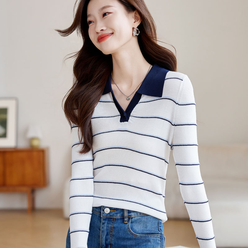 Knitted autumn fashion tops slim stripe sweater