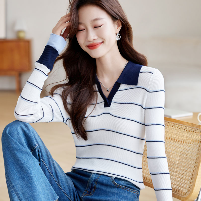 Knitted autumn fashion tops slim stripe sweater