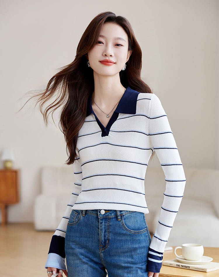 Knitted autumn fashion tops slim stripe sweater