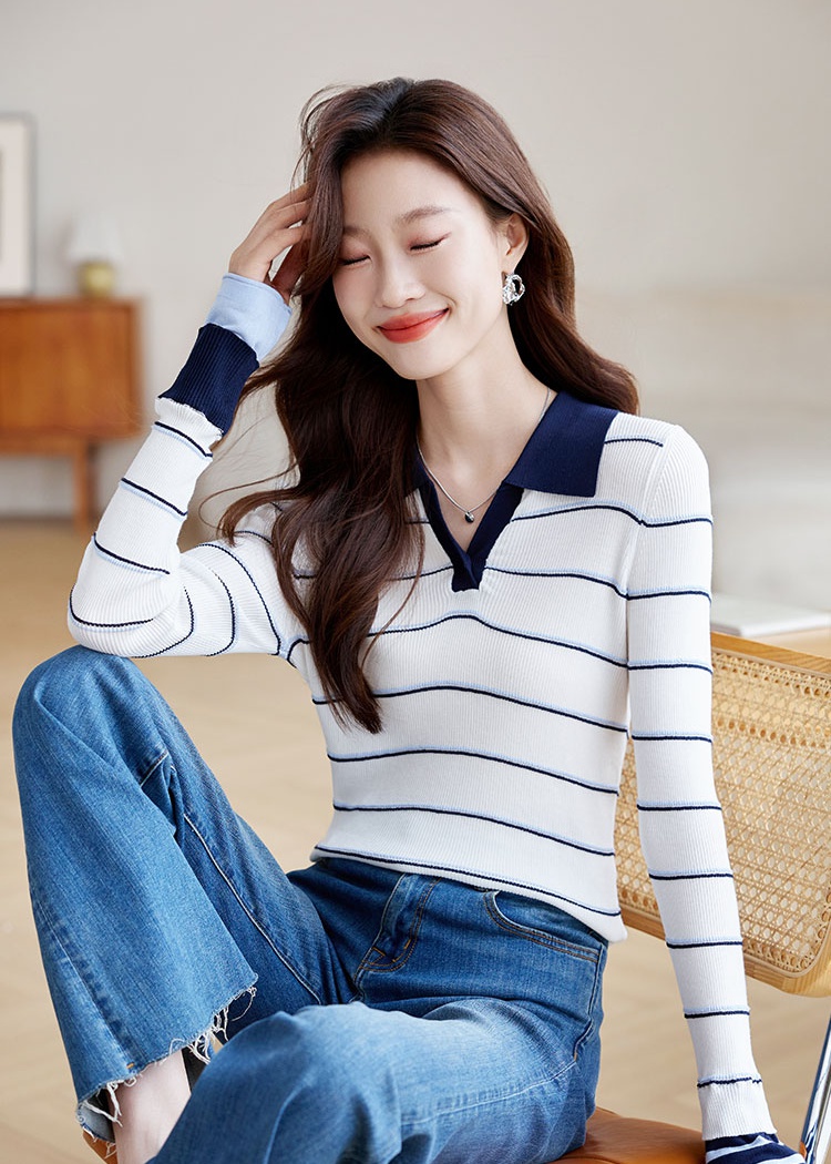 Knitted autumn fashion tops slim stripe sweater