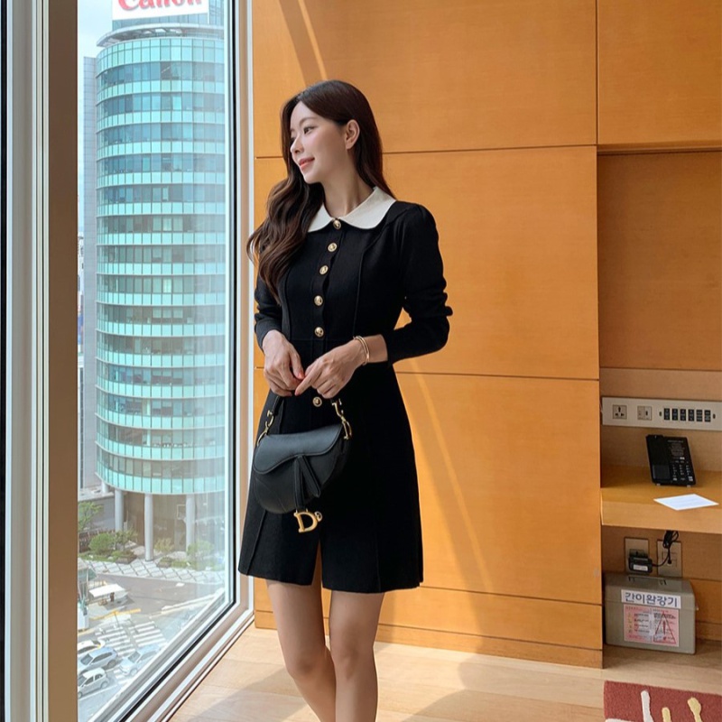 Single-breasted Korean style long sleeve A-line dress