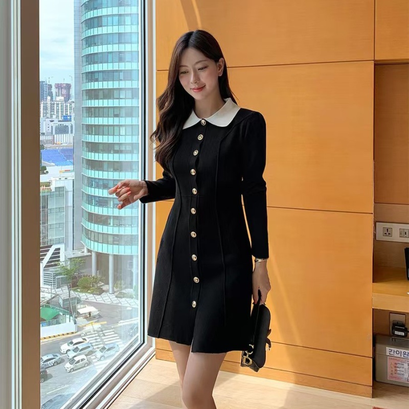 Single-breasted Korean style long sleeve A-line dress