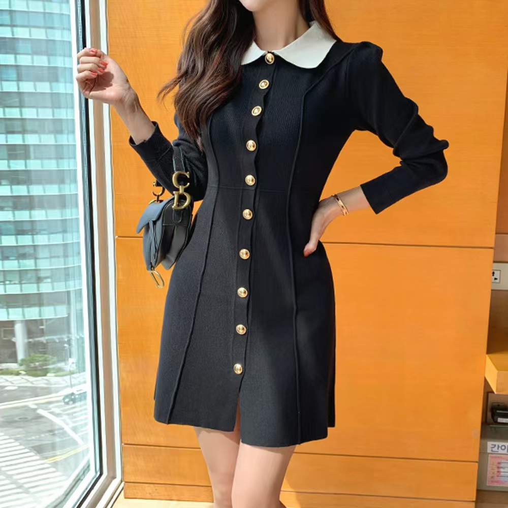 Single-breasted Korean style long sleeve A-line dress