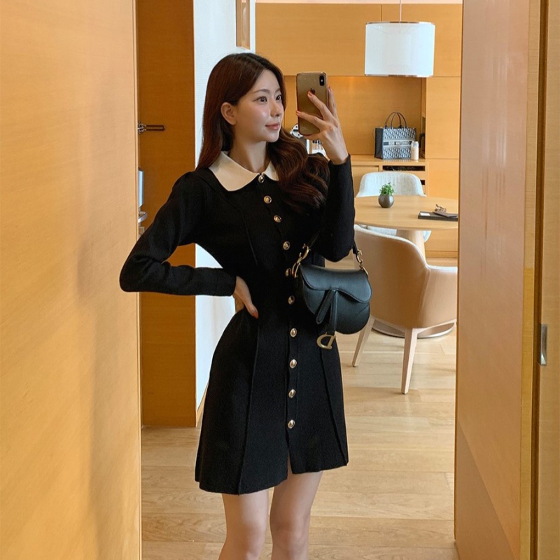 Single-breasted Korean style long sleeve A-line dress