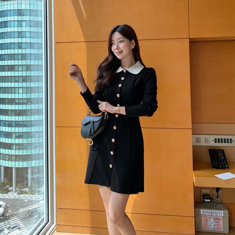 Single-breasted Korean style long sleeve A-line dress