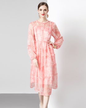 Pinched waist long sleeve real silk floral cake dress