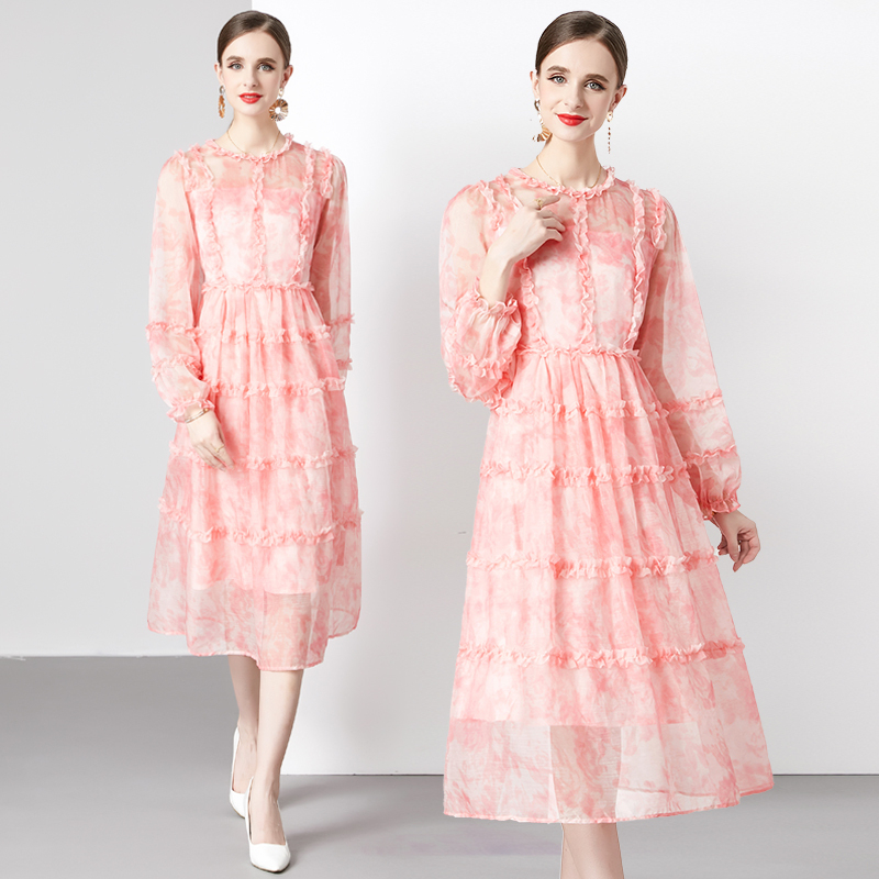 Pinched waist long sleeve real silk floral cake dress