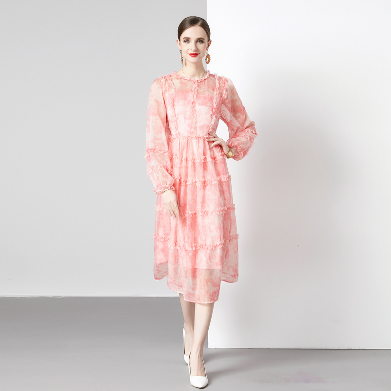 Pinched waist long sleeve real silk floral cake dress