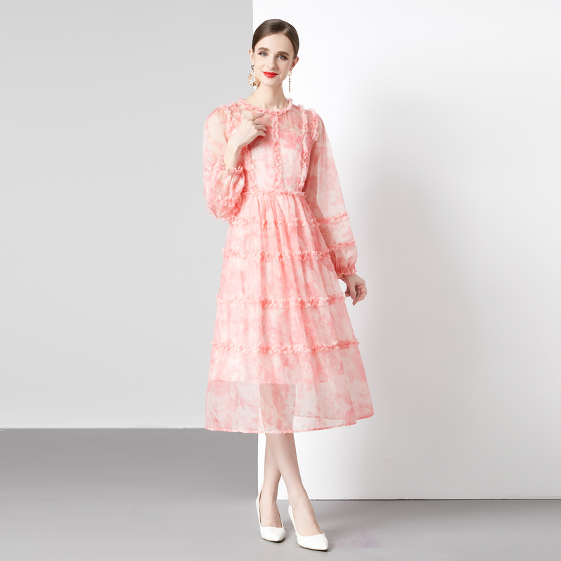 Pinched waist long sleeve real silk floral cake dress