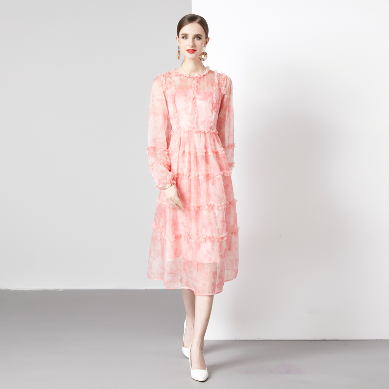 Pinched waist long sleeve real silk floral cake dress