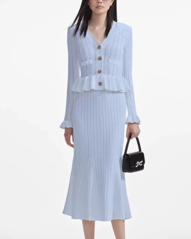 Hollow V-neck knitted dress pure temperament long dress