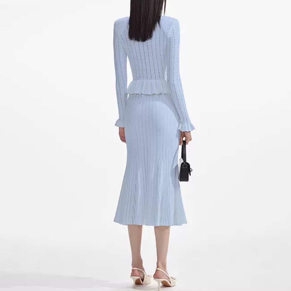 Hollow V-neck knitted dress pure temperament long dress