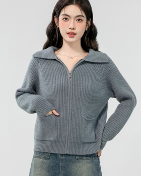 Thick loose zip coat wool knitted lapel sweater for women