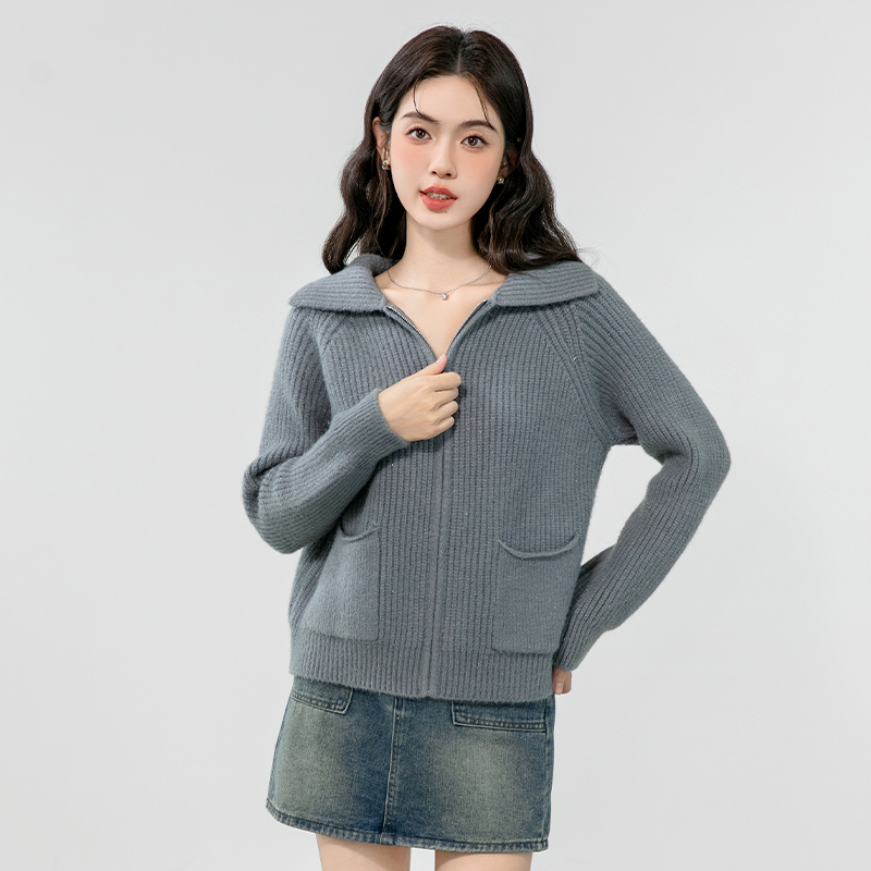 Thick loose zip coat wool knitted lapel sweater for women