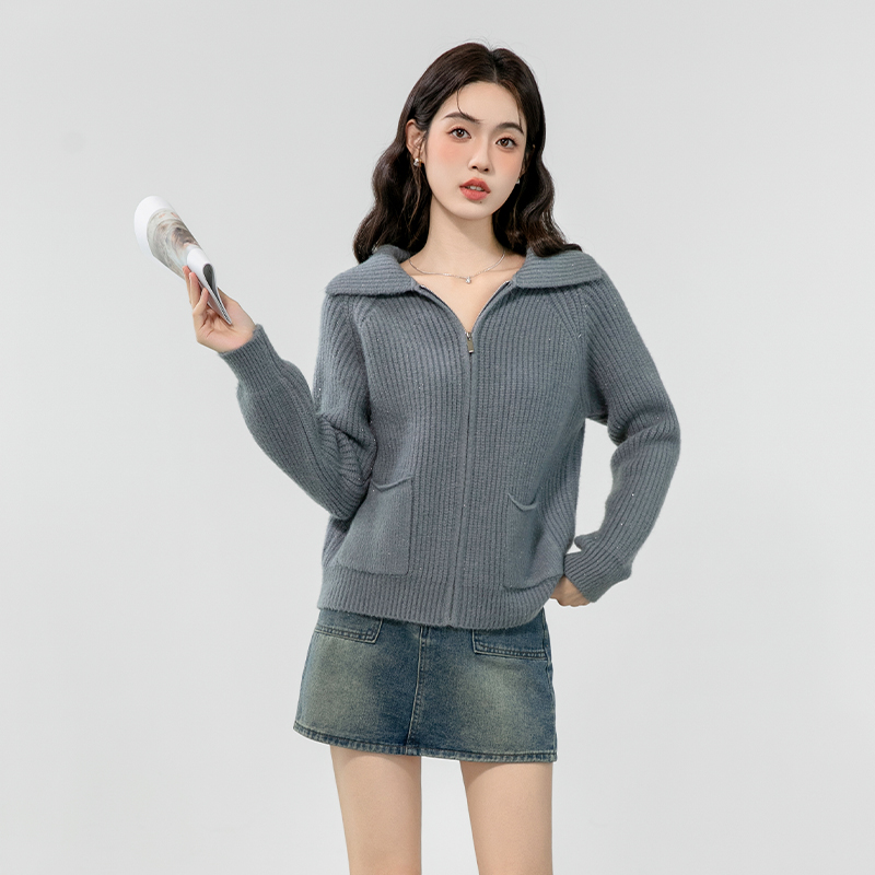 Thick loose zip coat wool knitted lapel sweater for women