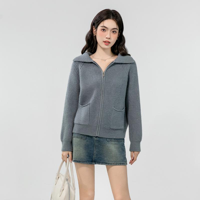 Thick loose zip coat wool knitted lapel sweater for women