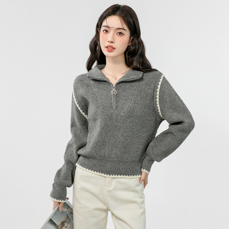 Autumn and winter half zip high collar tops thick lazy sweater