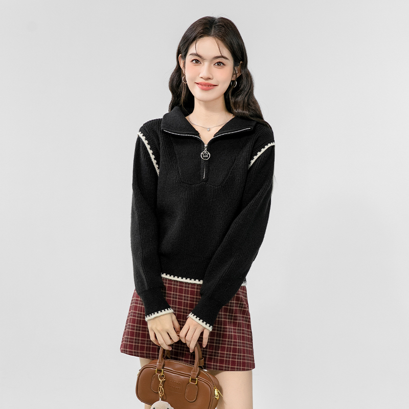 Long sleeve autumn pure niche knitted half zip tops for women