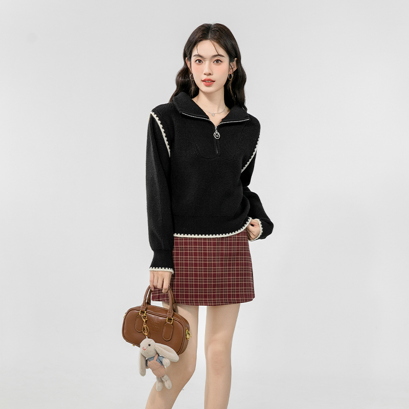 Long sleeve autumn pure niche knitted half zip tops for women