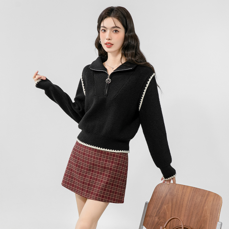 Long sleeve autumn pure niche knitted half zip tops for women