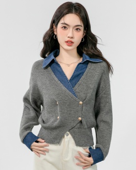 Denim niche sweater Pseudo-two show young tops for women