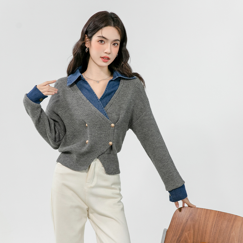 Denim niche sweater Pseudo-two show young tops for women