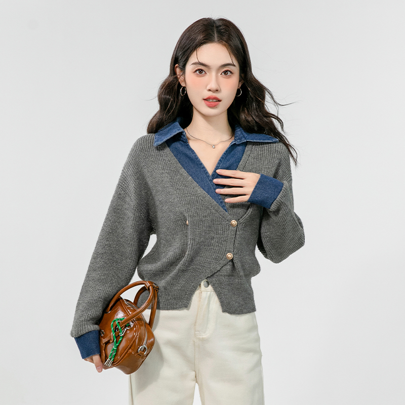 Denim niche sweater Pseudo-two show young tops for women