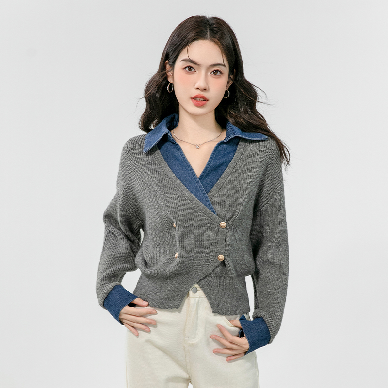 Denim niche sweater Pseudo-two show young tops for women