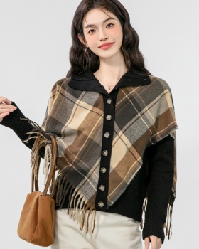 Plaid retro coat autumn and winter tassels sweater