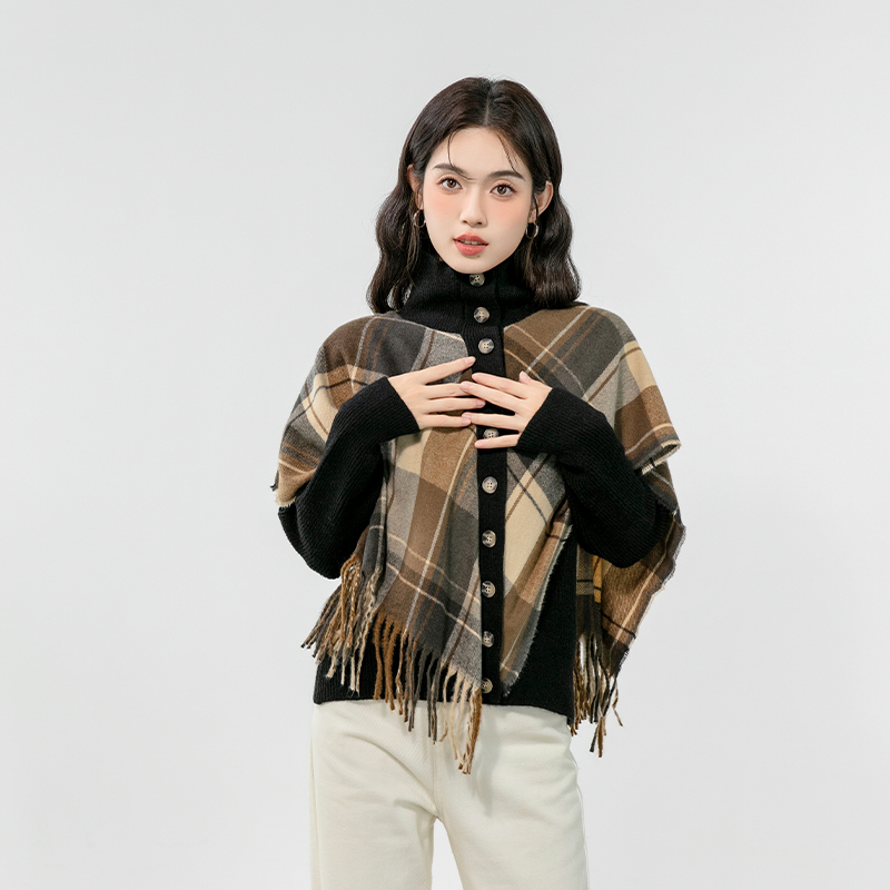 Plaid retro coat autumn and winter tassels sweater