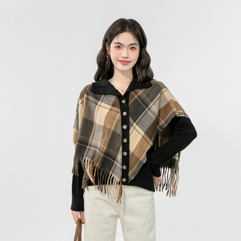 Plaid retro coat autumn and winter tassels sweater