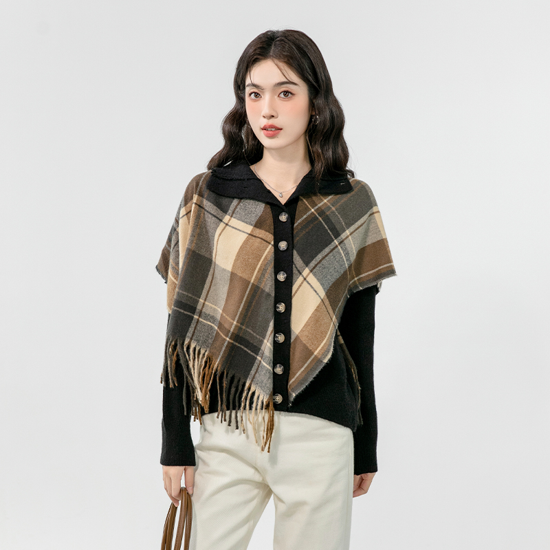 Plaid retro coat autumn and winter tassels sweater