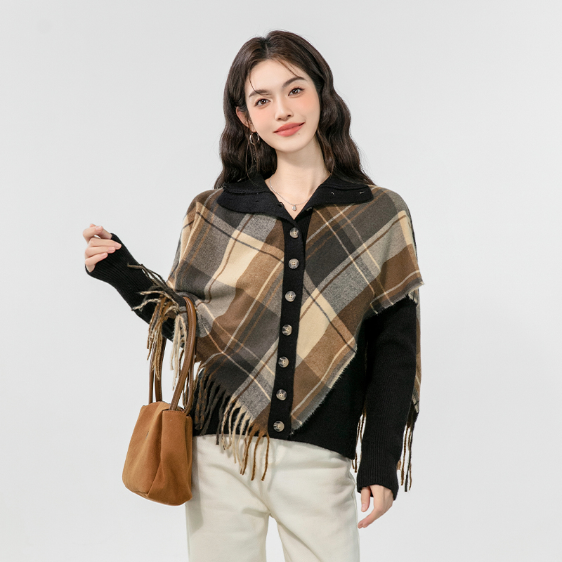 Plaid retro coat autumn and winter tassels sweater