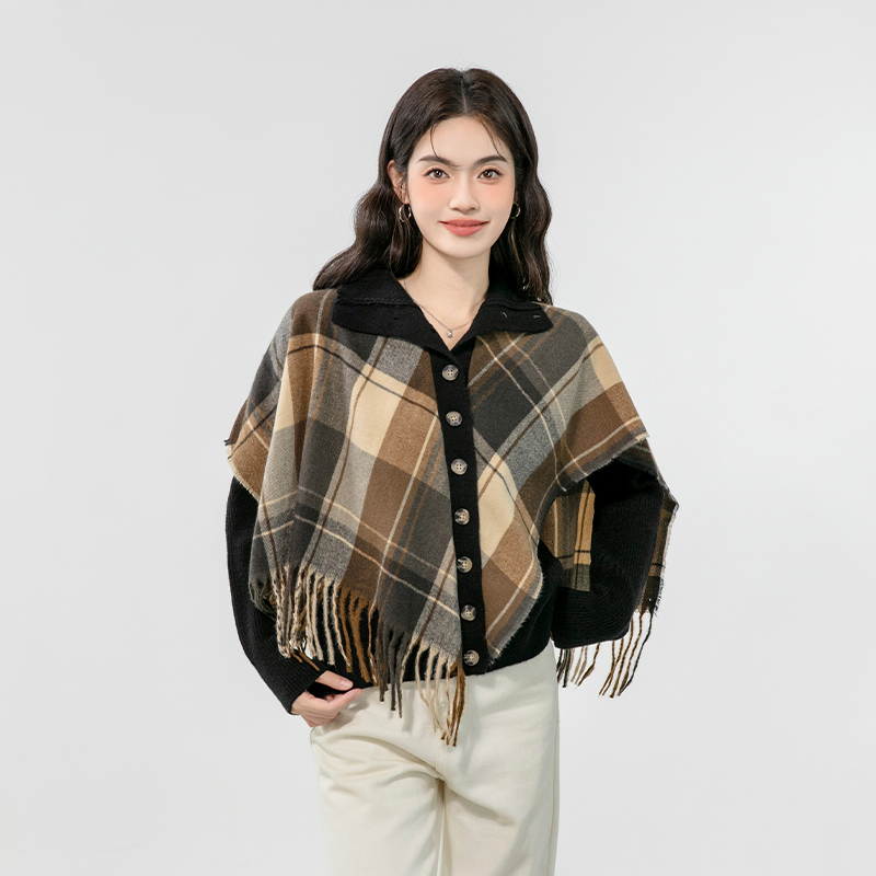 Plaid retro coat autumn and winter tassels sweater